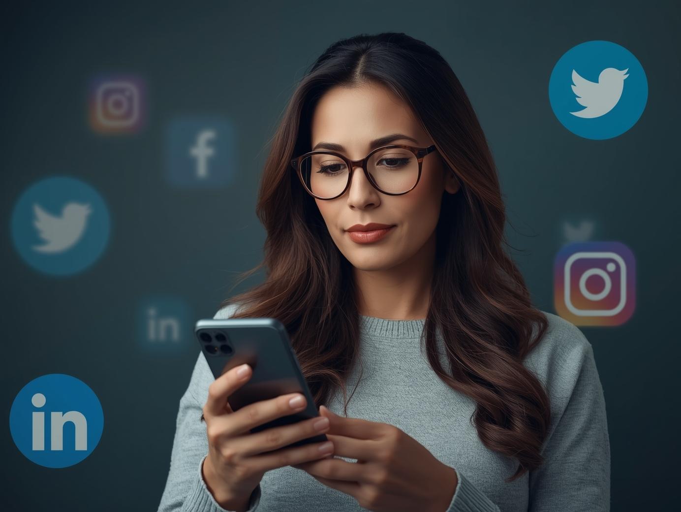 mujer latina haciendo publicidad en redes sociales, haz que aparezcan logos de redes sociales