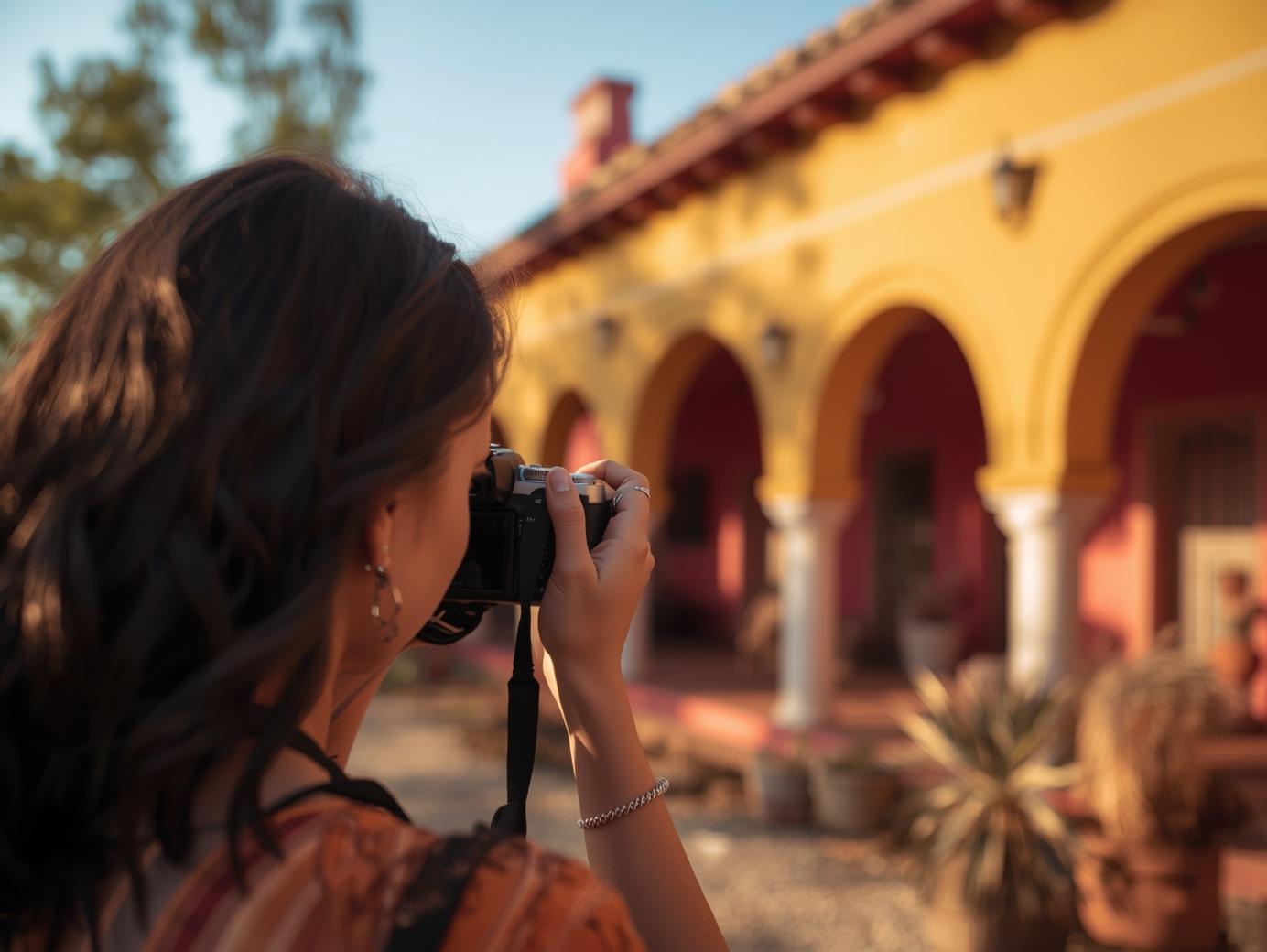 mujer latina tomando fotos a una casa o propiedad mexicana,