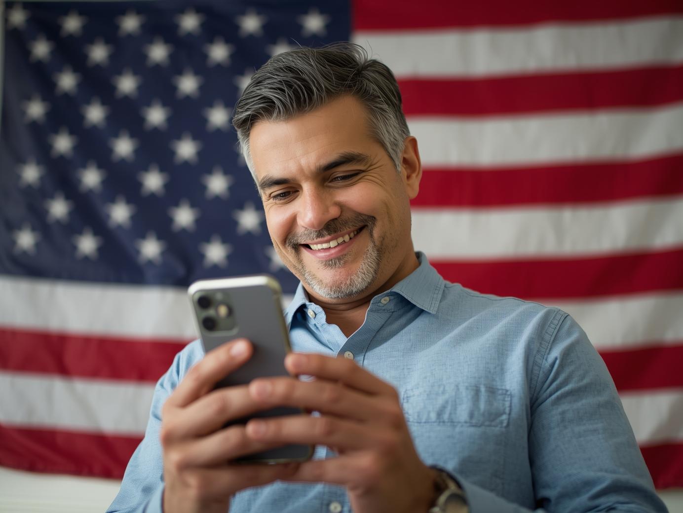 persona latina de unos 50 años sonriendo viendo su celular y atras ponle la bandera de Estados unidos